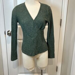 SHEIN Ribbed Wrap V Neck Long Sleeve Top Forest Green Women's Size L